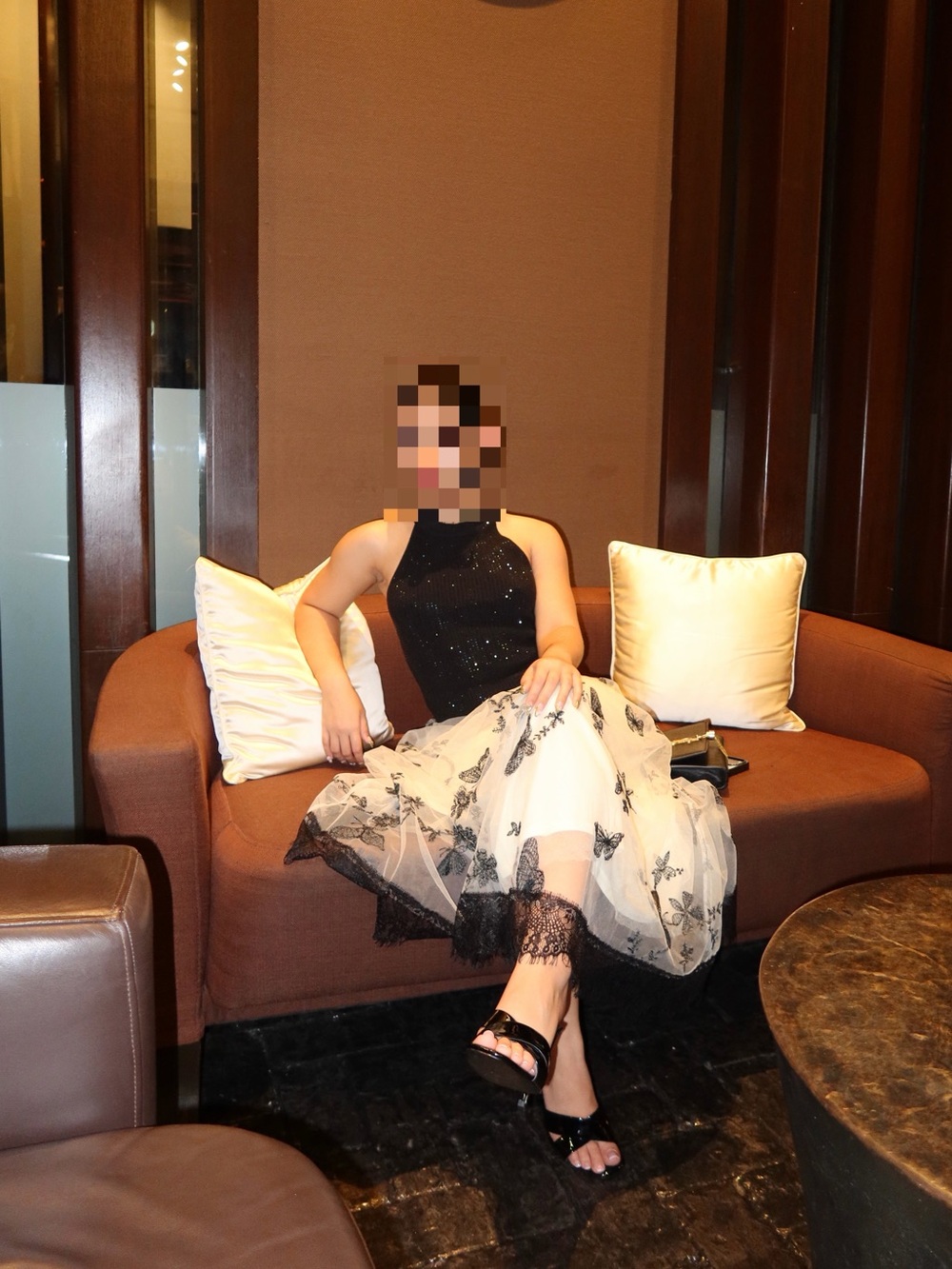Elegant Black Halter Top with Sheer Floral Midi Skirt Dress
